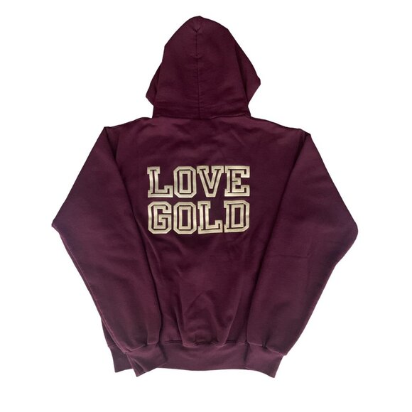 Champion Maroon Full-Zip Drawstring Hoodie "Love Gold" Back Design Front Pockets - Picture 8 of 11
